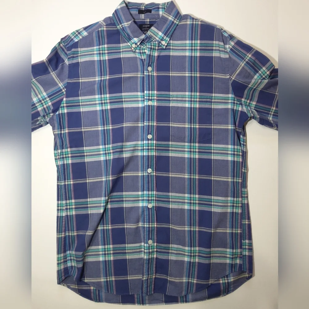 J.Crew Mens Button Down Medium Blue Green Summer Plaid‎ Slim Fit Preppy Casual